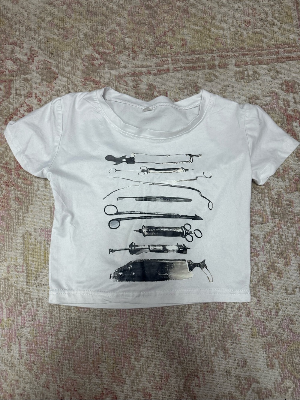 SHEIN White Short Sleeve Crop Tee with Black Tool Graphic